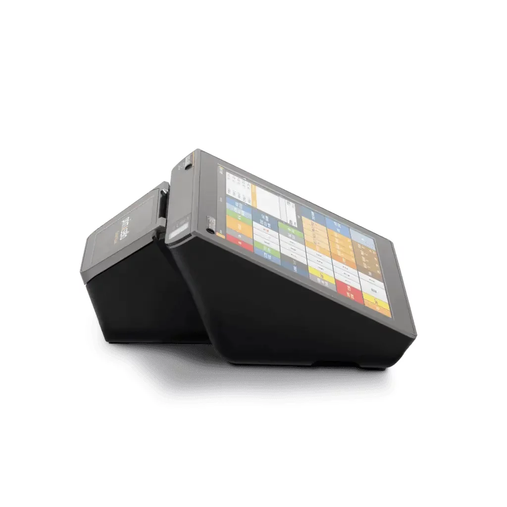 Primasello X340 Touchscreen Kassensystem in Schwarz-Grau - schräge Ansicht mit Display und Kundendisplay