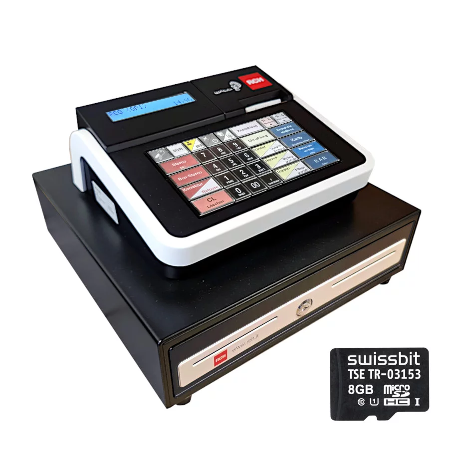 RCH Walle MEC Kassensystem in Schwarz-Weiß mit TSE und Kassenschublade - schräge Ansicht