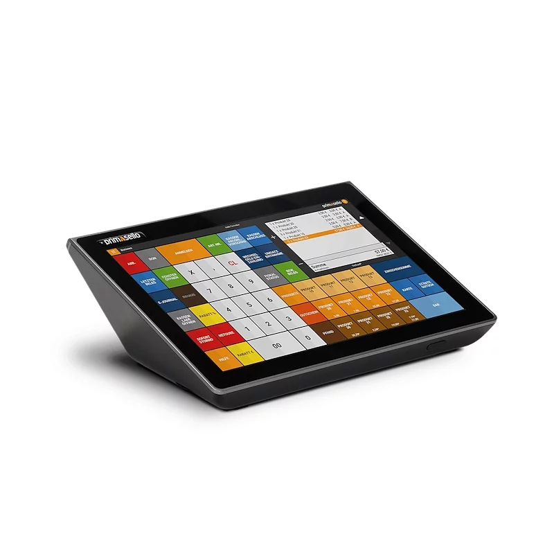 primasello Touchscreen Kassensystem X340 in Schwarz - schräge Ansicht mit bunter Kassen-Software auf Display
