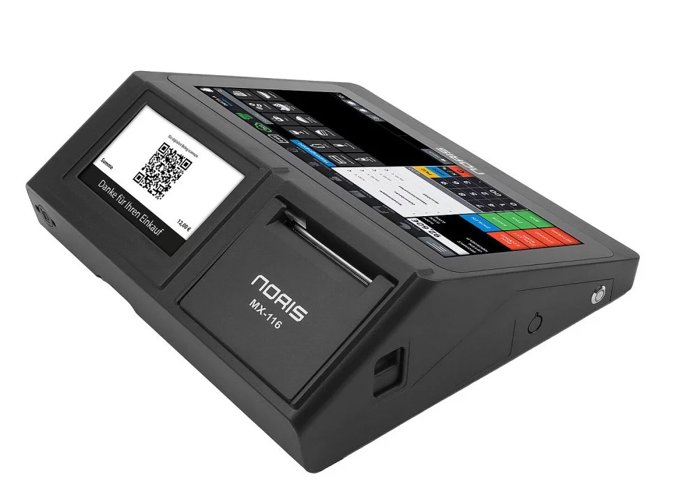Noris All-In-One-Touch-Kasse MX-116 in Schwarz mit Touchscreen und Kundendisplay - schräge Ansicht
