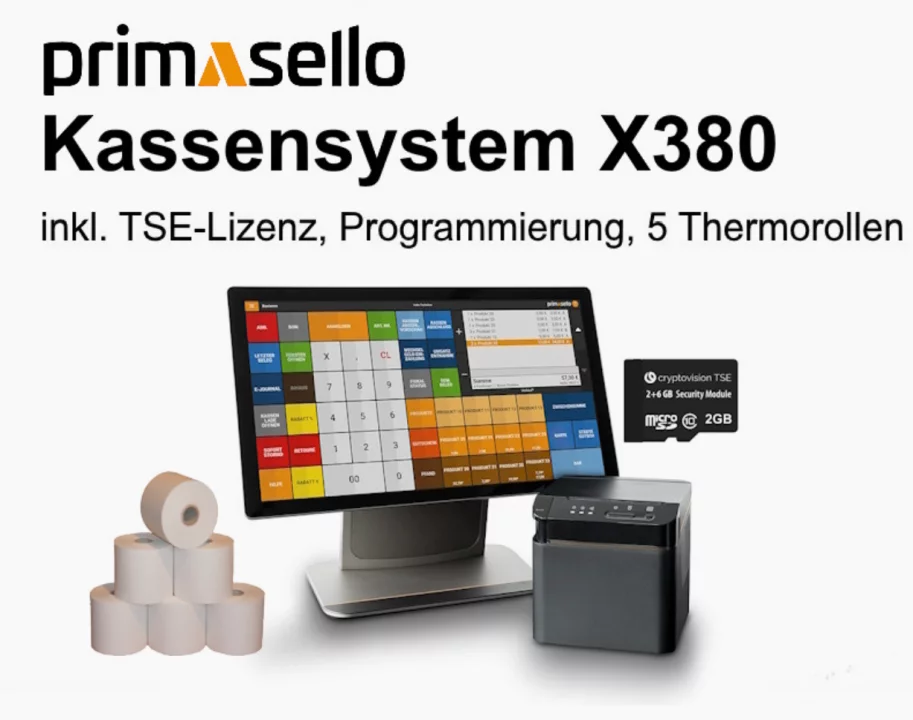 Primasello X380 Kassensystem schwarz grau mit Touchscreen, Thermodrucker und Thermorollen - Komplettset Ansicht