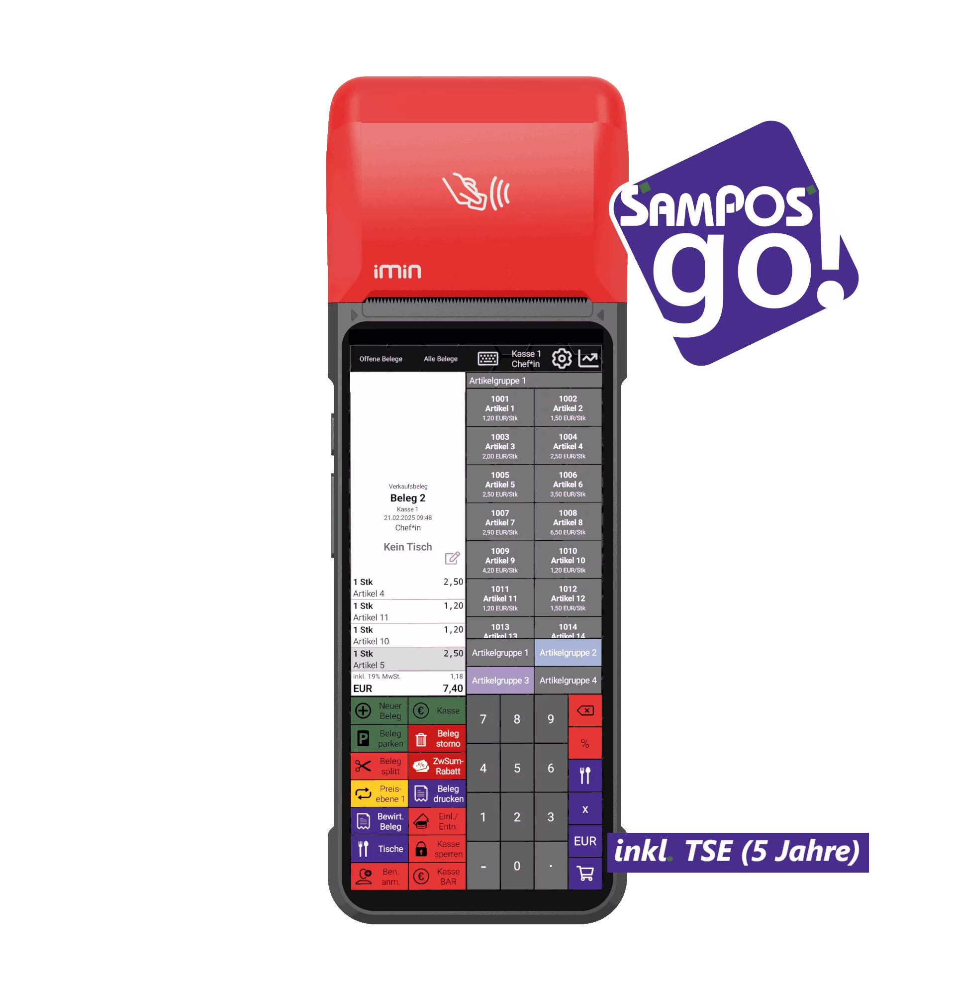 SamPOS go! S Registrierkasse PRO in Rot-Schwarz - Frontansicht mit Display und Bondrucker von Sam4s