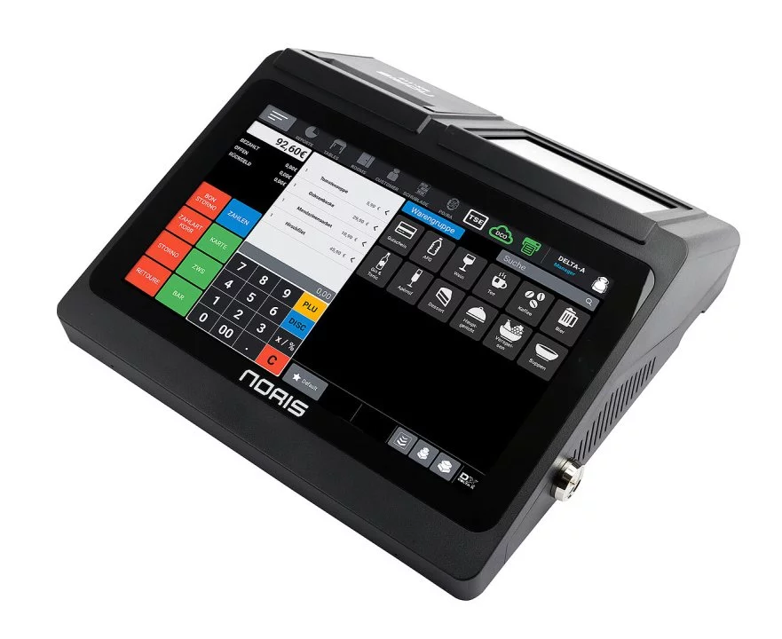 Noris All-In-One-Touch-Kasse MX-116 in Schwarz-Grau - schräge Ansicht mit Touchscreen und Tastatur