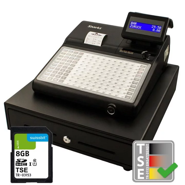 Sam4s ER-920 Registrierkasse in Schwarz mit TSE SD-Karte - schräge Frontansicht mit Display und Tastatur