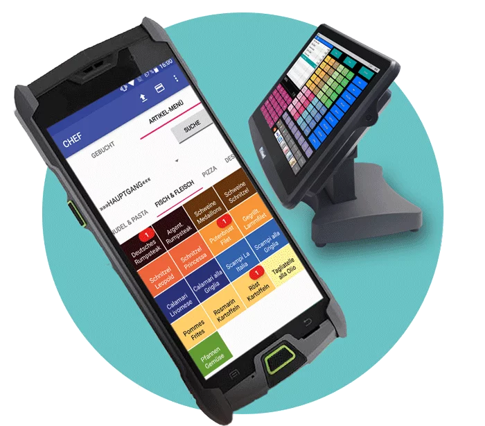 Uniwell Phoenix Lizenz für HX Modelle - Android Kassensystem in Schwarz mit Tablet Terminal - schräge Ansicht