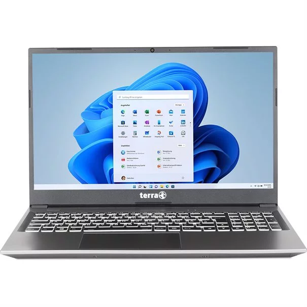 Terra Mobile 1500P Notebook in Silber - schräge Vorderansicht mit Windows 11 Display und beleuchteter Tastatur