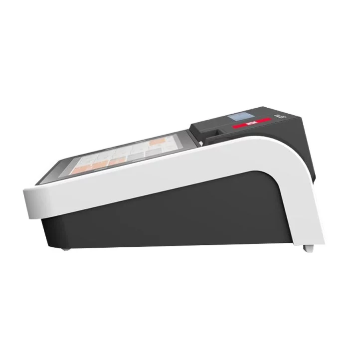 RCH WallE 8T POS-Terminal in Weiß-Schwarz - schräge Seitenansicht mit 8 Zoll Touchscreen und TSE