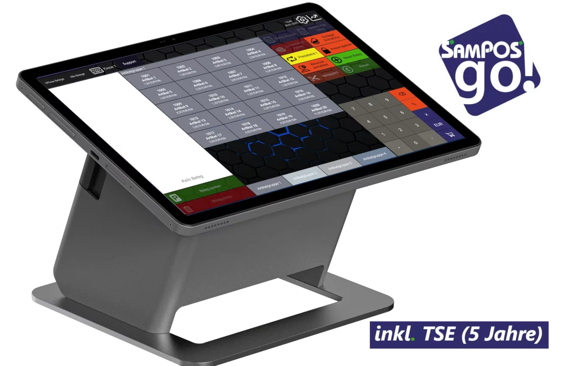SamPOS go! L Registrierkasse PRO von Sam4s in Schwarz-Grau - schräge Ansicht mit Touch-Display