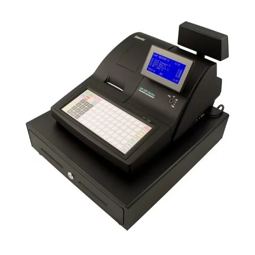 Sam4s NR-510 Registrierkasse in Schwarz mit Flachtastatur und blauem Display - schräge Ansicht von vorne