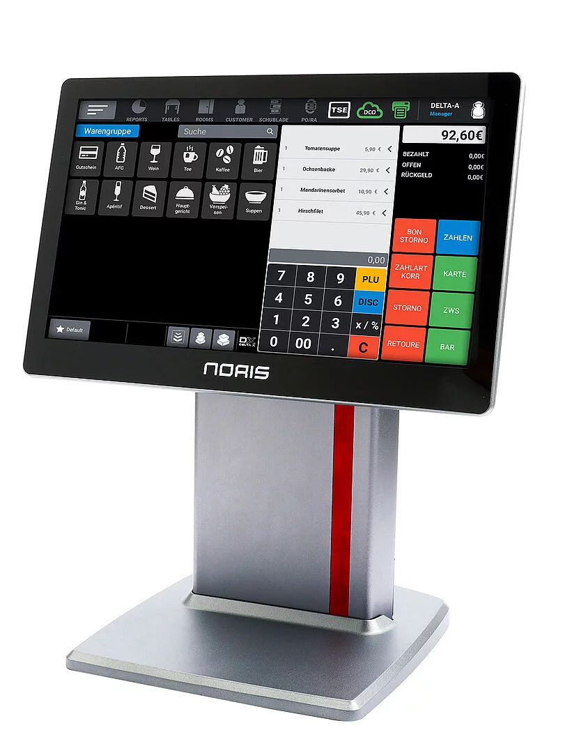 Noris All-In-One-Touch-Kassen LK-133 in Schwarz mit silbernem Standfuß - schräge Frontansicht