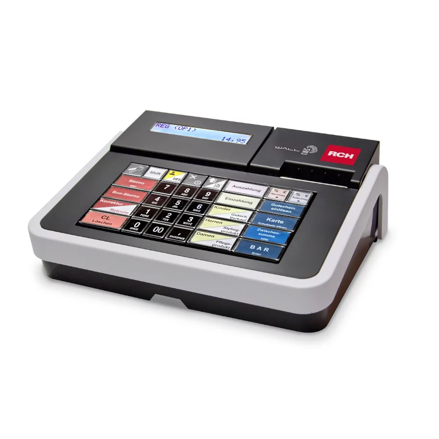 RCH Walle MEC Kassengerät in Schwarz-Weiß mit bunten Funktionstasten - schräge Ansicht