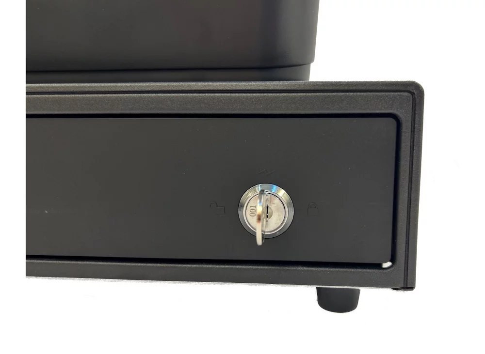 SamPOS ECR-220 Registrierkasse in Schwarz - Detailansicht der Kassenschublade mit Schloss