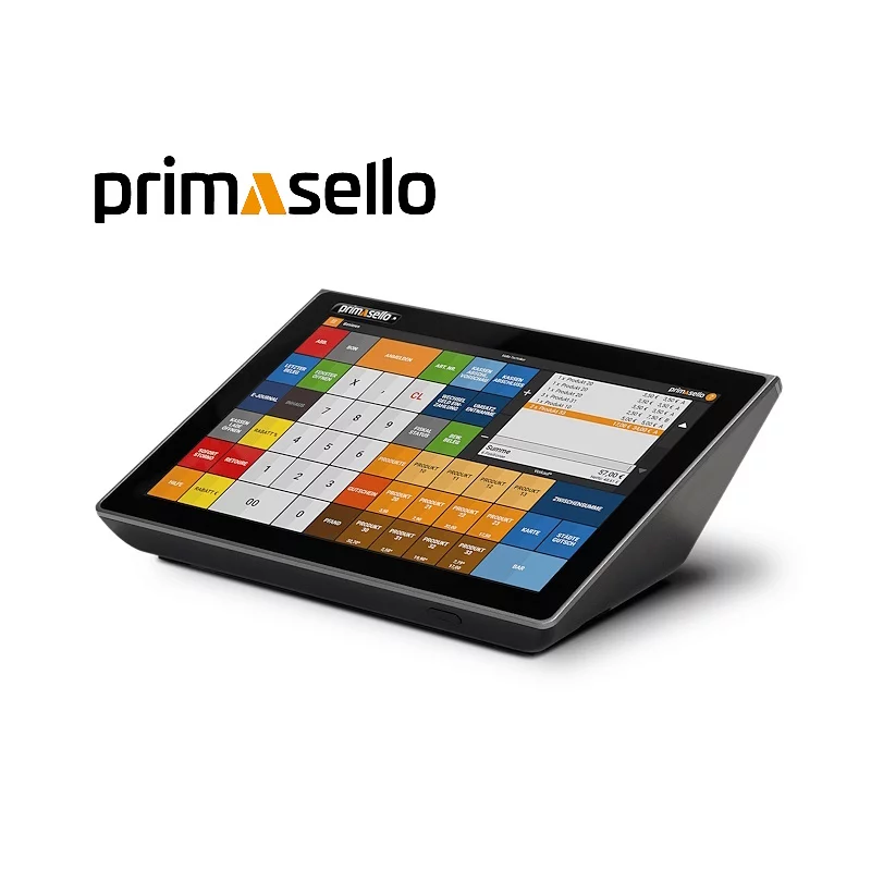 primasello Touchscreen Kassensystem X340 in Schwarz - schräge Ansicht mit buntem Kassen-Interface Display