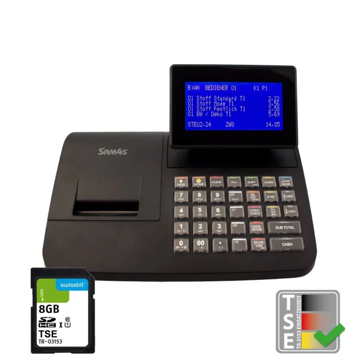 Sam4s NR-420 Registrierkasse in Schwarz - schräge Ansicht mit Display, Tastatur und SD-TSE Karte