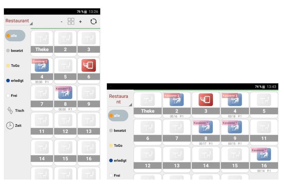 RCH WAITER'S Mobile App für Smartphone & Tablet - Benutzeroberfläche in Grau/Weiß - Zwei Ansichten der App-Oberfläche