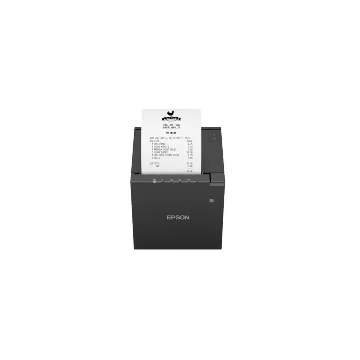 Epson TM-m30III mPOS-Bondrucker in Schwarz - Frontansicht mit gedrucktem Bon