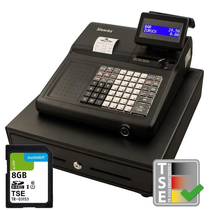 Sam4s ER-925 Registrierkasse in Schwarz mit TSE-Modul und SD-Karte - schräge Vorderansicht