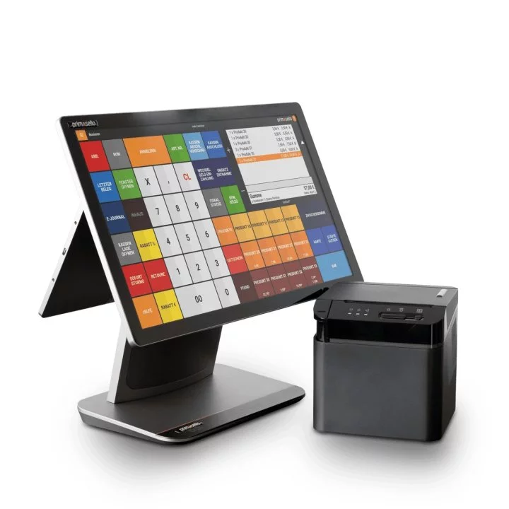 Primasello X380 Touchscreen Kassensystem in Schwarz mit Thermodrucker - schräge Ansicht