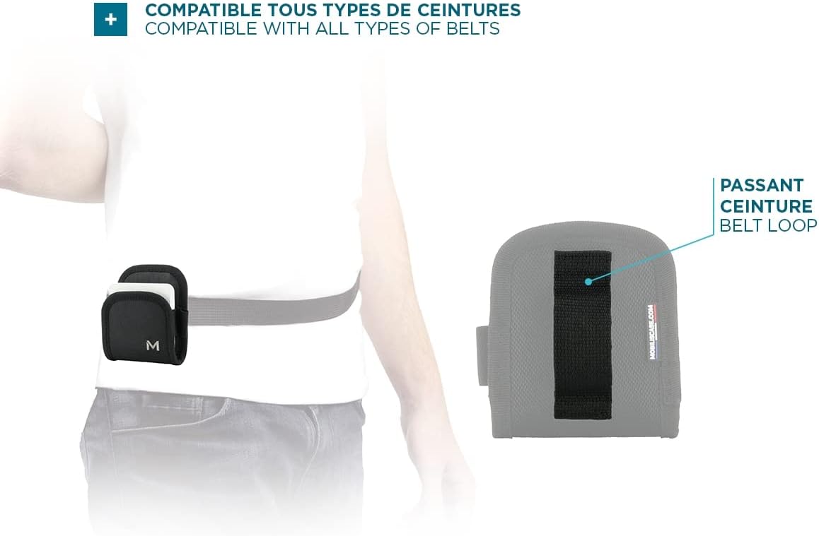 Mobilis Basic Holster in Schwarz-Grau getragen am Körper - zeigt Gürtelschlaufe und Kompatibilität mit Zahlungsterminals