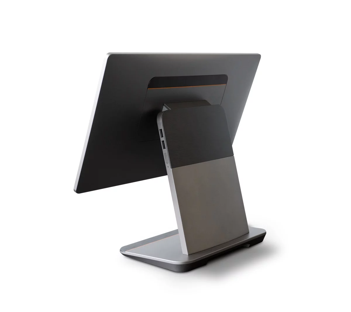 Primasello Touchscreen Kassensystem X380 in Grau/Schwarz - Rückansicht mit Standfuß und Anschlüssen