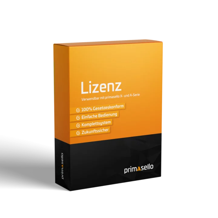 Primasello Add-On TIM Schnittstelle Software-Lizenz Box in Orange-Schwarz - schräge Ansicht