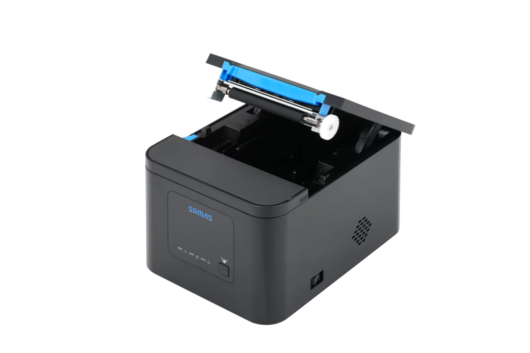 Sam4s H-Cube 102 Bondrucker in Schwarz - schräge Ansicht mit geöffnetem Deckel und blauer Papierrolle