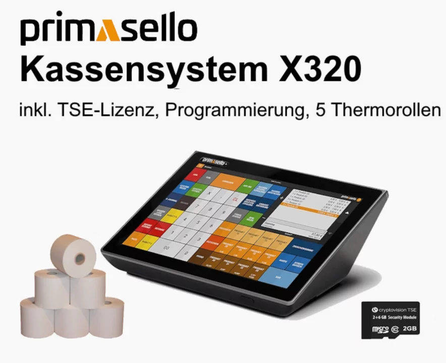 Primasello Touchscreen Kassensystem X320 in Schwarz mit TSE-Modul und 5 Thermorollen - schräge Ansicht