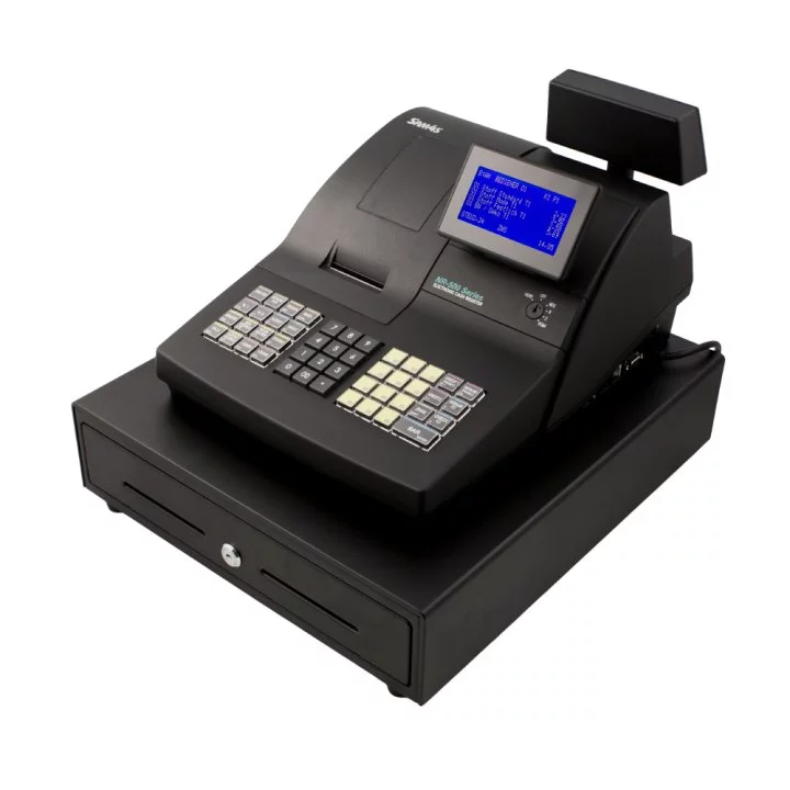 Sam4s NR-510R Registrierkasse mit Hubtastatur in Schwarz - schräge Ansicht mit blauem Display und Kassenschublade