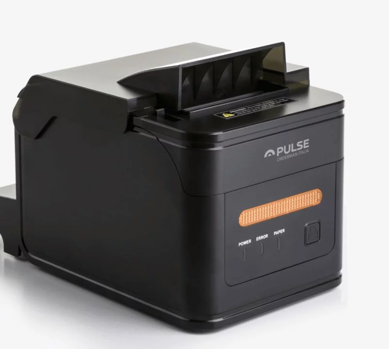 Orderman Pulse ST 30 Thermodrucker in Schwarz - schräge Ansicht mit geöffnetem Papierausgabefach