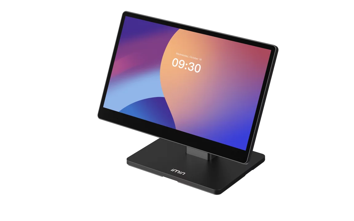 iMin Swan 2 Premium Android Kassensystem in Schwarz - schräge Ansicht mit Display und Standfuß