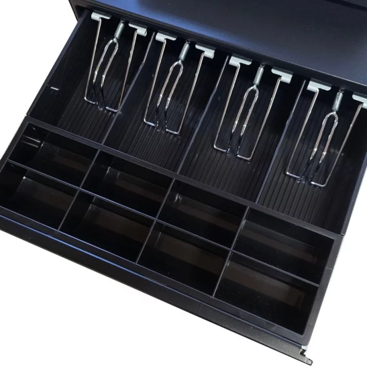 RCH Walle MEC Kassenschublade in Schwarz - Detailansicht geöffnet mit Münzfächern und Geldscheinklammern