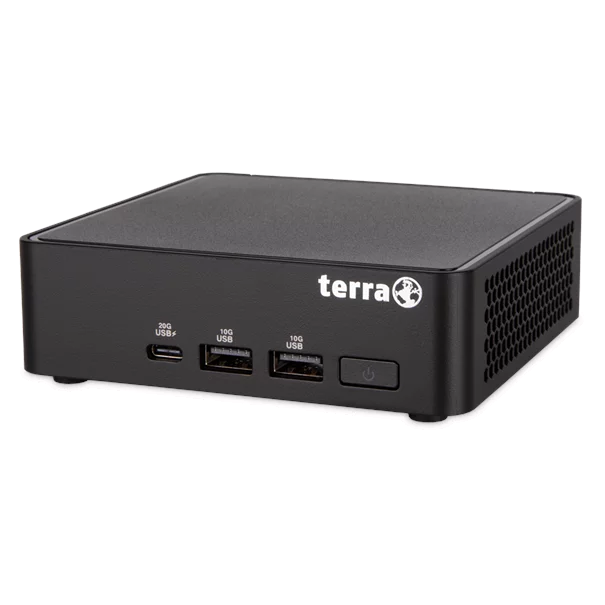 TERRA PC-Micro 5000 SILENT GREENLINE in Schwarz - schräge Frontansicht mit USB-Anschlüssen und Power-Button
