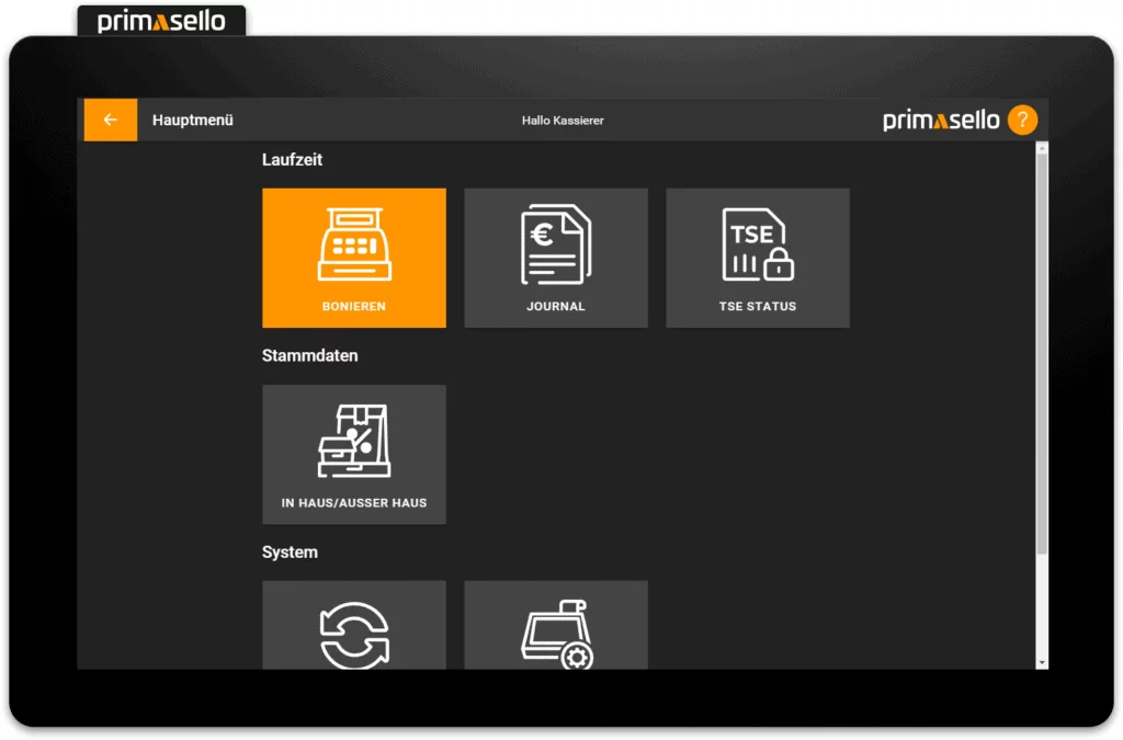 Primasello X320 Touchscreen Kassensystem in Schwarz - Benutzeroberfläche Übersichtsansicht mit Menüoptionen