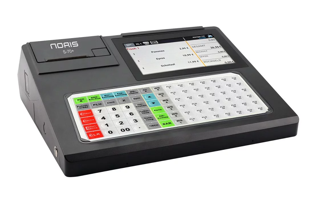 Noris Registrierkasse S70+ in Schwarz mit Display und Tastatur - schräge Ansicht von vorne