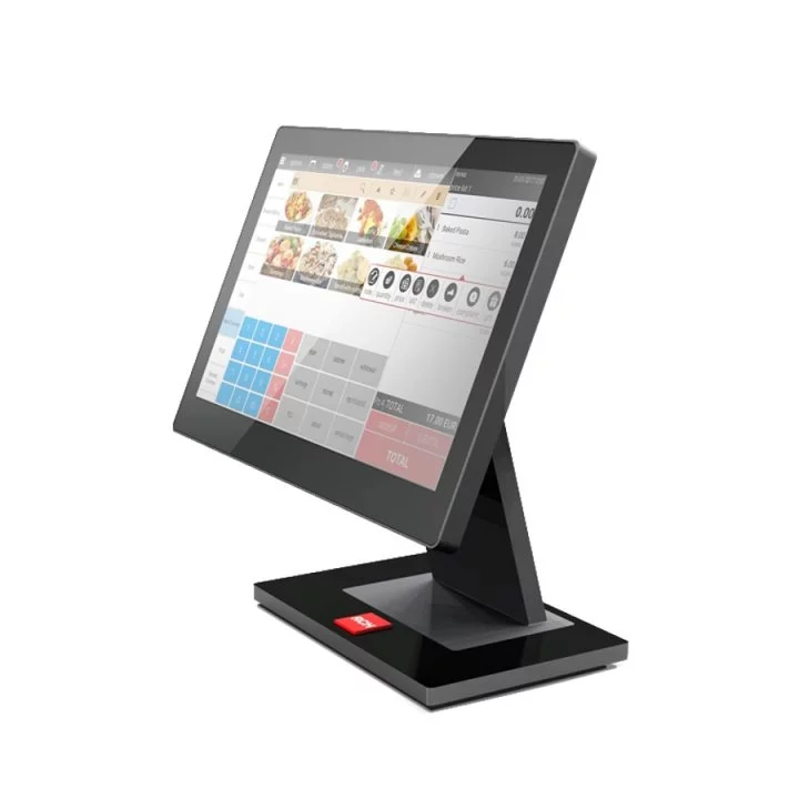 RCH AT15 Iron POS Touch-Terminal in Schwarz - schräge Ansicht mit Kassen-Software Display