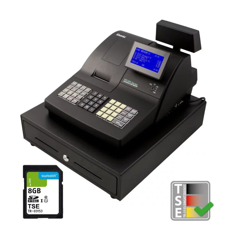 Sam4s NR-510R Registrierkasse mit Hubtastatur in Schwarz - schräge Ansicht mit SD-Karte und TSE-Zertifikat