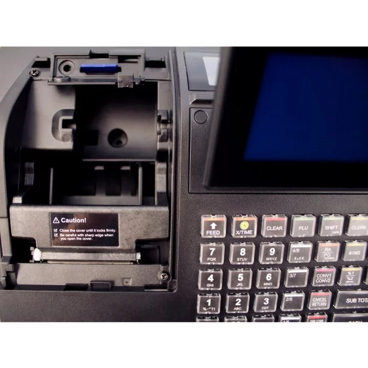 Sam4s NR-420 Registrierkasse in Schwarz - Detailansicht geöffnetes Druckerfach mit Bedienfeld