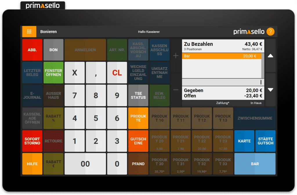 Primasello Touchscreen Kassensystem X340 in Schwarz - Frontansicht mit aktivem Display und Kassensoftware