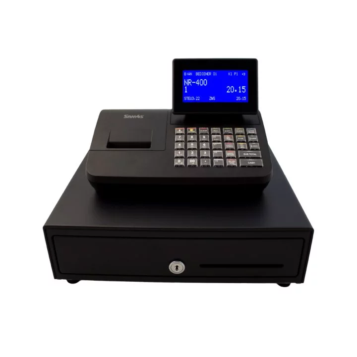 Sam4s NR-420 Registrierkasse in Schwarz mit Kassenschublade - schräge Ansicht von vorne