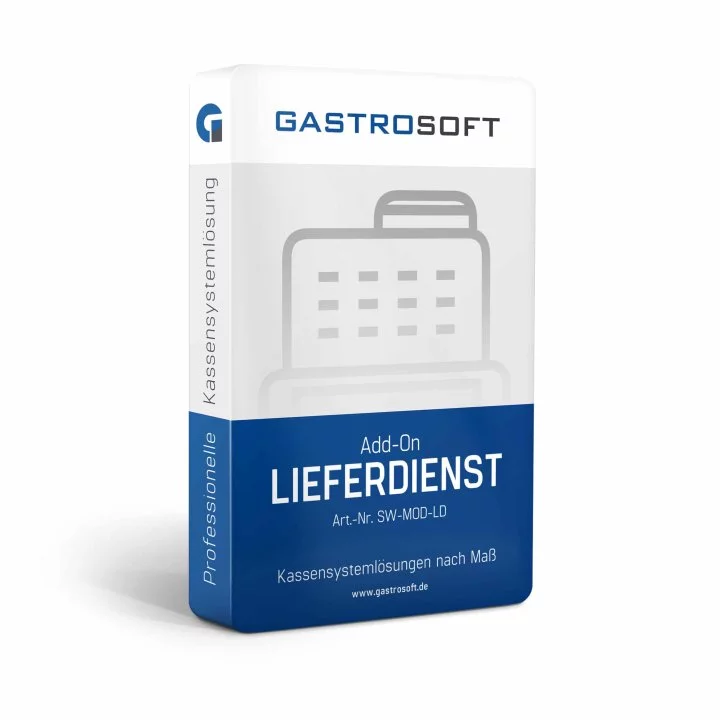 Gastrosoft Add-On Lieferdienst Software in Blau-Weiß - schräge Ansicht der Produktverpackung