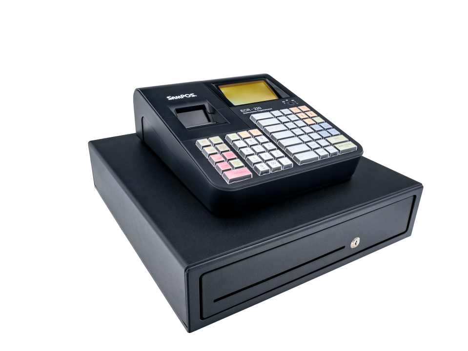 SamPOS Kassensystem in Schwarz mit Kassenschublade - schräge Ansicht