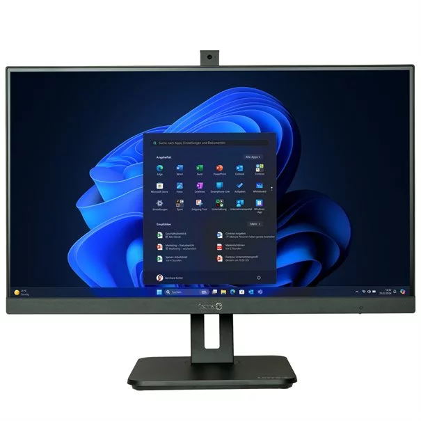 TERRA ALL-IN-ONE-PC 2710 HA GREENLINE in Schwarz - Frontansicht mit Windows 11 Desktop und höhenverstellbarem Standfuß