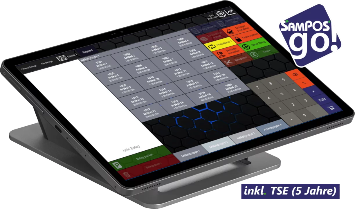 SamPOS go! M Registrierkasse von Sam4s in Schwarz mit Tablet-Display - schräge Ansicht mit TSE-Hinweis
