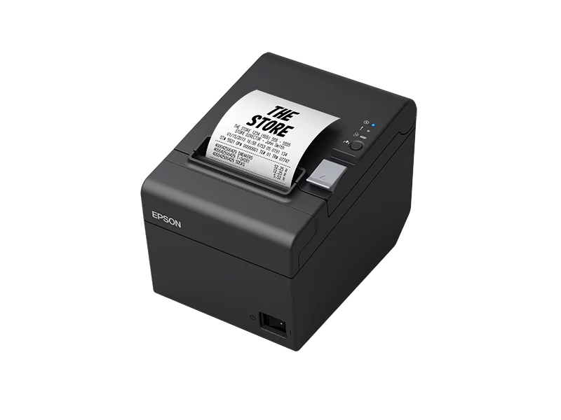 Epson TM-T20III Bondrucker USB & RS232 in Schwarz - schräge Ansicht mit gedrucktem Beleg