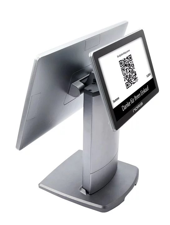 Noris All-In-One-Touch-Kassen LK-133 in Silber-Grau - schräge Ansicht mit Dual-Display und QR-Code auf Bildschirm