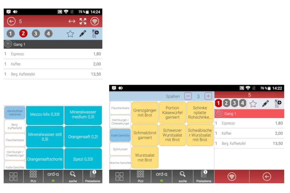 RCH WAITER'S Mobile App für Smartphone & Tablet - Benutzeroberfläche mit blau-gelben Menüelementen - Screenshot-Ansicht