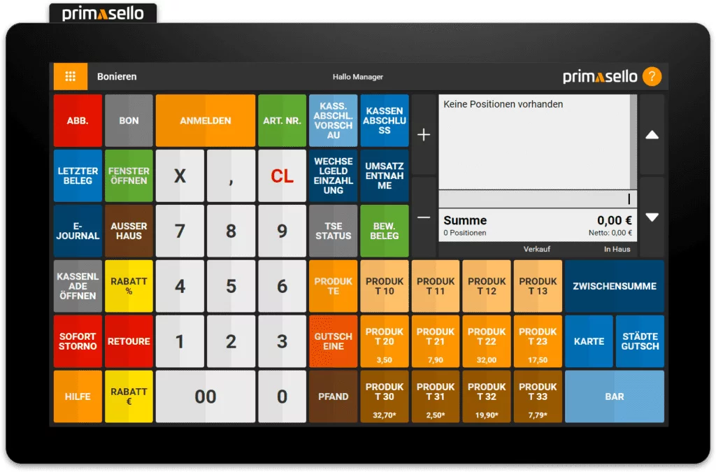 Primasello X320 Touchscreen Kassensystem in Schwarz - Frontansicht mit geöffneter Kassensoftware