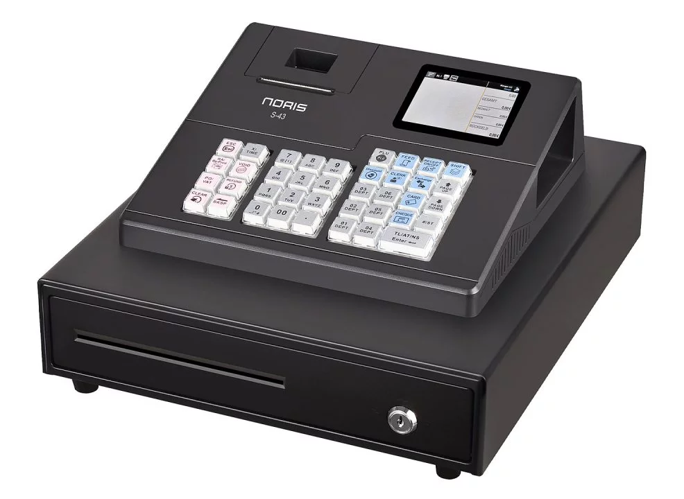 Noris Registrierkasse S-43 in Schwarz - schräge Ansicht mit Tastatur und Display