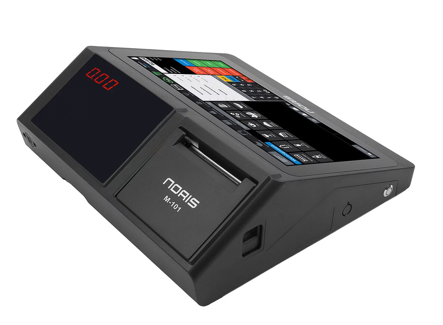 Noris All-In-One-Touch-Kasse M-101 in Schwarz - schräge Ansicht mit Touchscreen und Tastatur