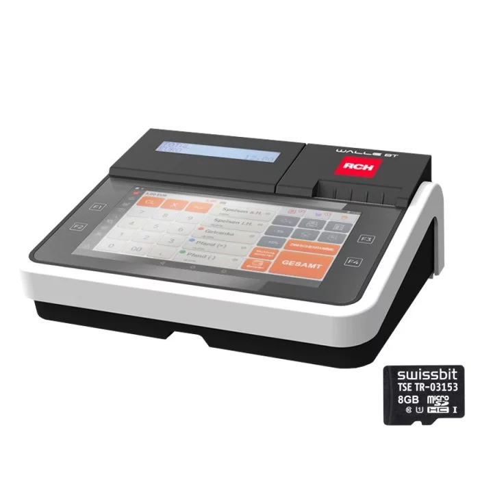 RCH WallE 8T POS-Terminal in Schwarz-Weiß - schräge Ansicht mit 8 Zoll Touchscreen und TSE-Modul